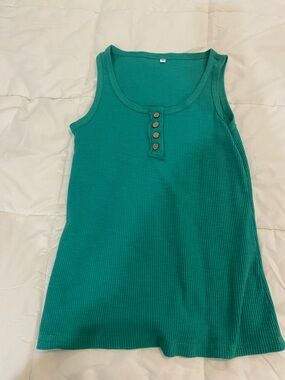 Ribbed Green Tank Top with Button Placket